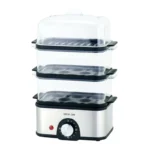 بخارپز سه‌طبقه گرین لاین مدل GN3TREGGCK با ظرفیت 16 تخم‌مرغ، توان 240 وات، پیچ تنظیم زمان تا 60 دقیقه و بدنه فلزی آلومینیومی مقاوم و قطعات قابل شستشو در ماشین ظرفشویی